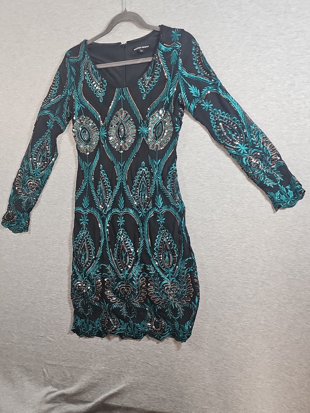 Boston Proper Size 6 Embellished Teal & Black Long Sleeve Cocktail Dress